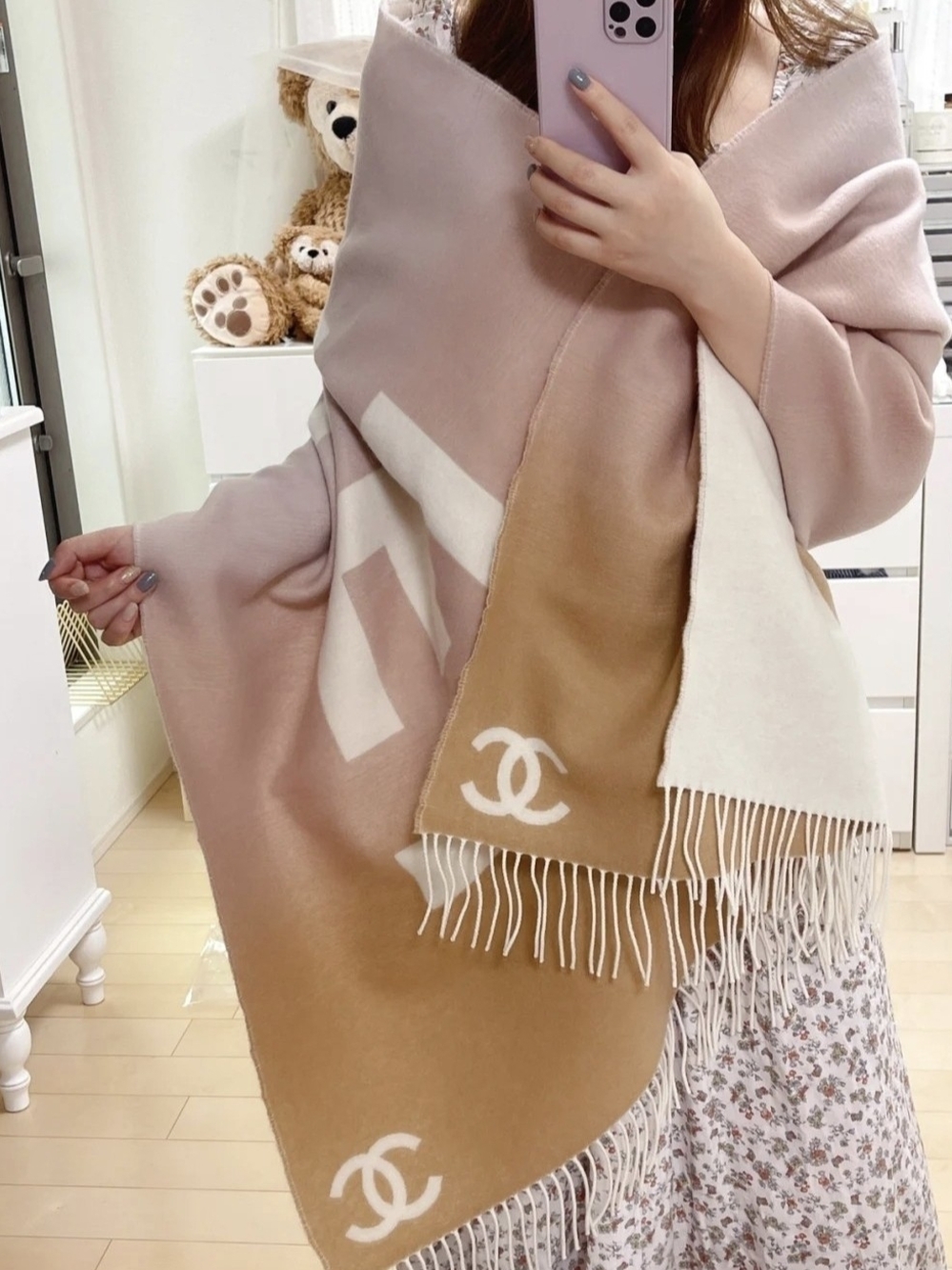 Two-Tone Fringe Wrap in Blush Pink and Camel